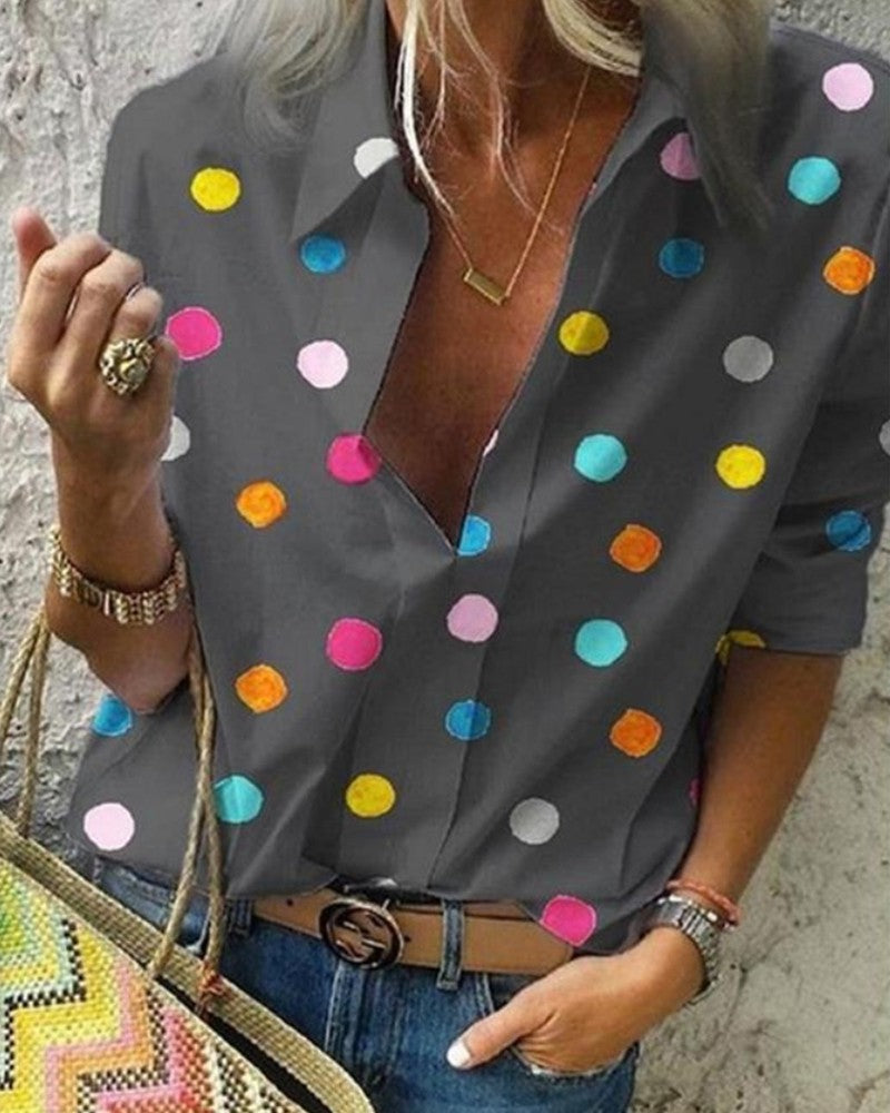 Multicolor Dot Long Sleeve Button-up Blouse