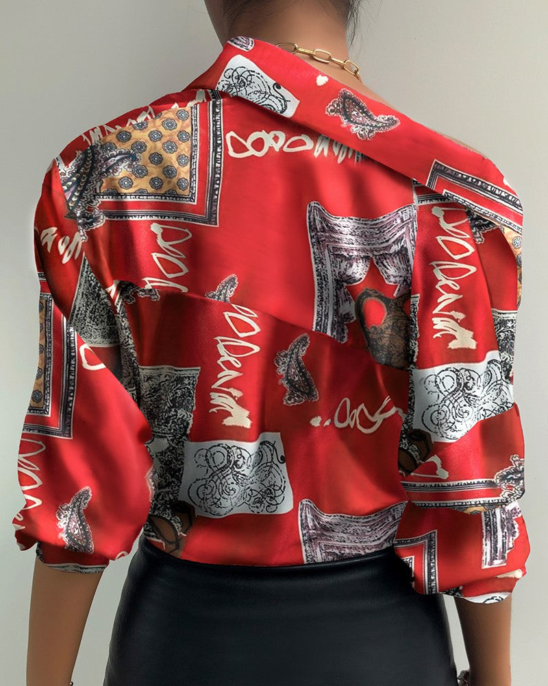 All Over Print Button Design Lantern Sleeve Shirt