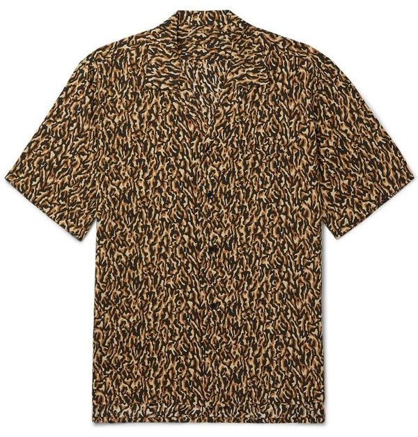Men's Beige Camp Collar Leopard Print Short Sleeve Shirt