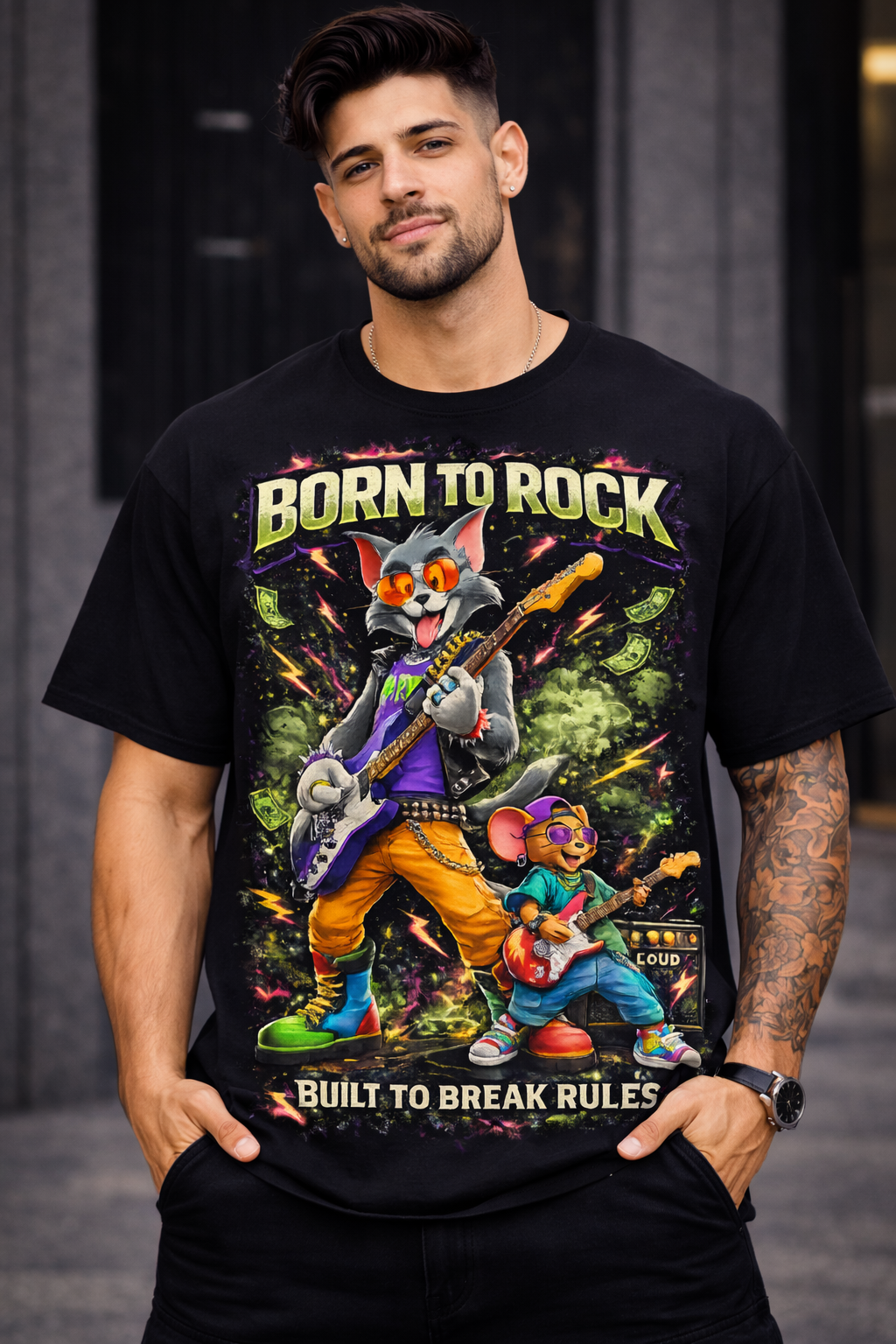 Born to Rock Oversized T-Shirt – Streetwear Graphic Tee for Men | Black Drop Shoulder Cotton Tee