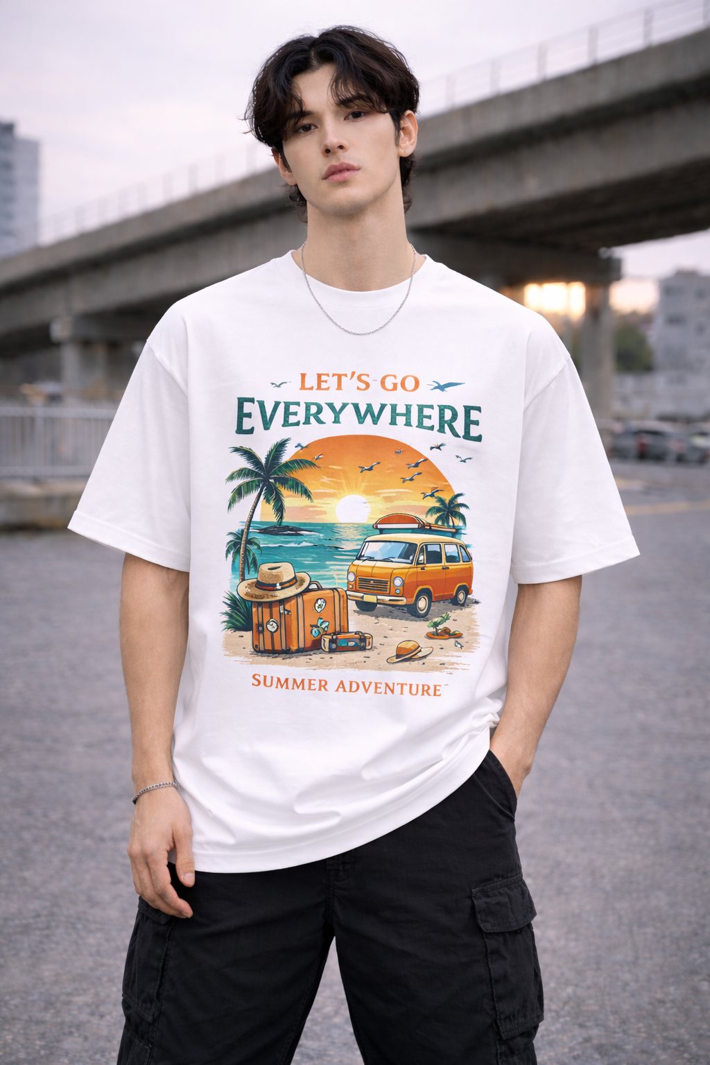 Brand Black Jack Travel Postcard Print Oversized T-Shirt (White) | Premium Cotton