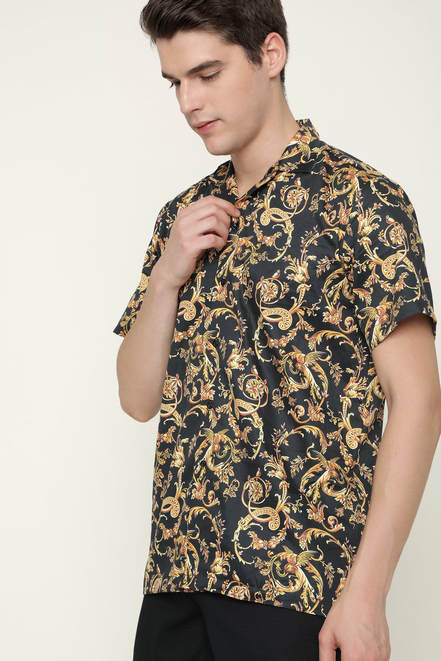 Pure Viscose Shirt Reguler Fit Black Patterend Cuban Mens Shirt By Brand Black Jack