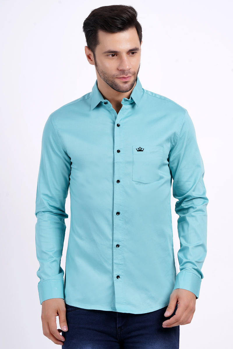 Electic Blue Color Men's Cotton Shirt Full Sleeve Plain Shirts For Men