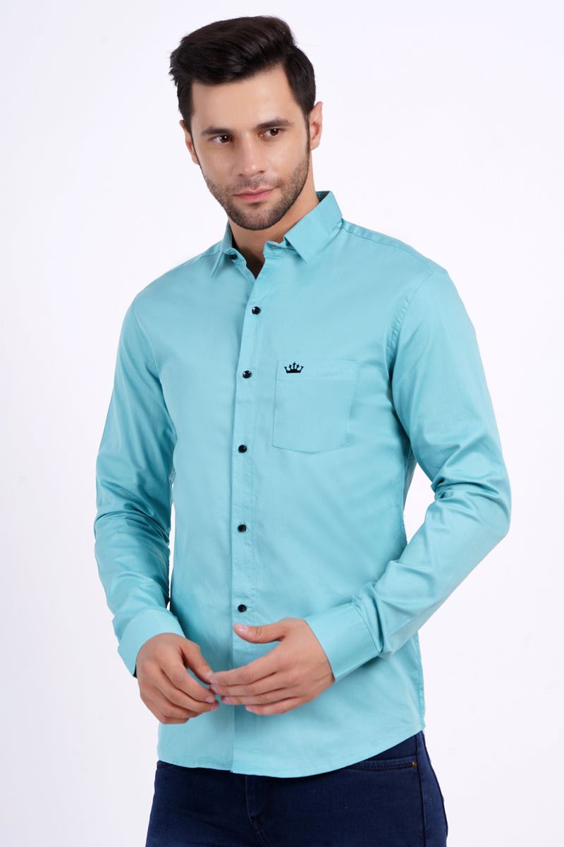Electic Blue Color Men's Cotton Shirt Full Sleeve Plain Shirts For Men