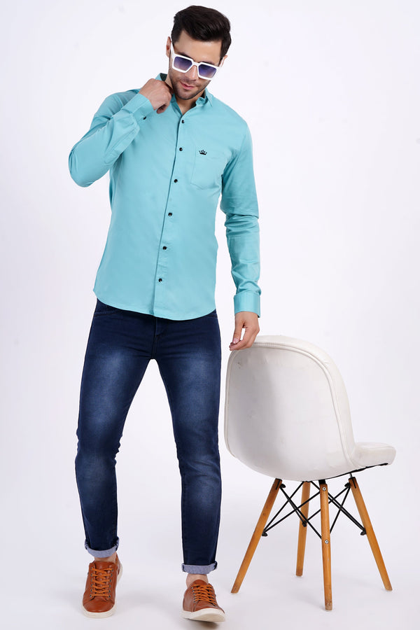 Electic Blue Color Men's Cotton Shirt Full Sleeve Plain Shirts For Men