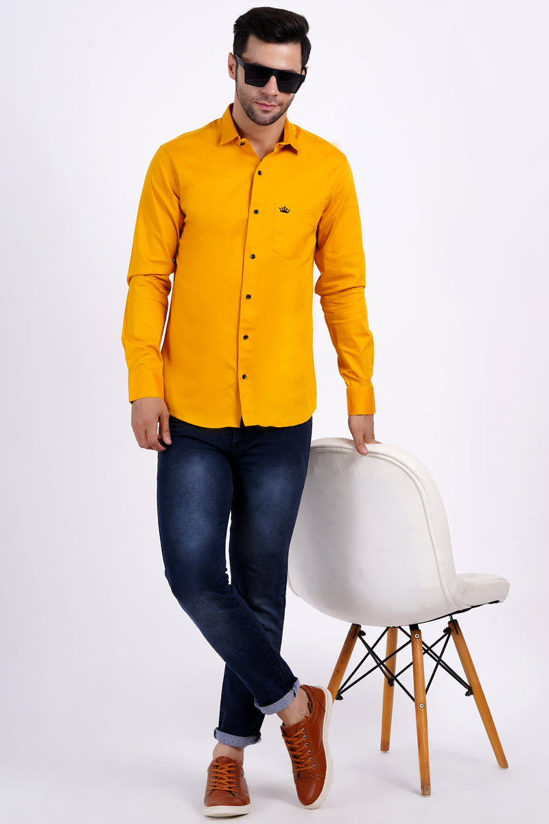 Yellow Color Men's Cotton Shirt Full Sleeve Plain Shirts For Men