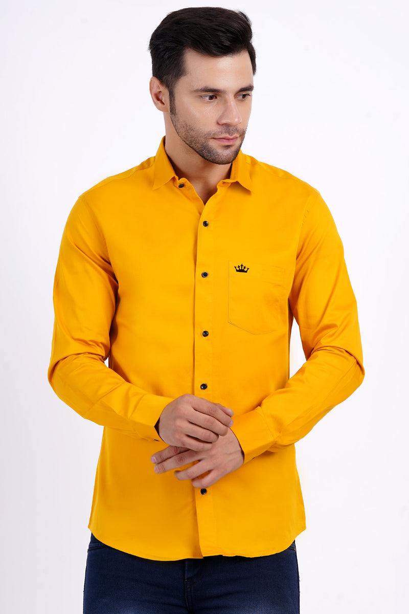 Yellow Color Men's Cotton Shirt Full Sleeve Plain Shirts For Men