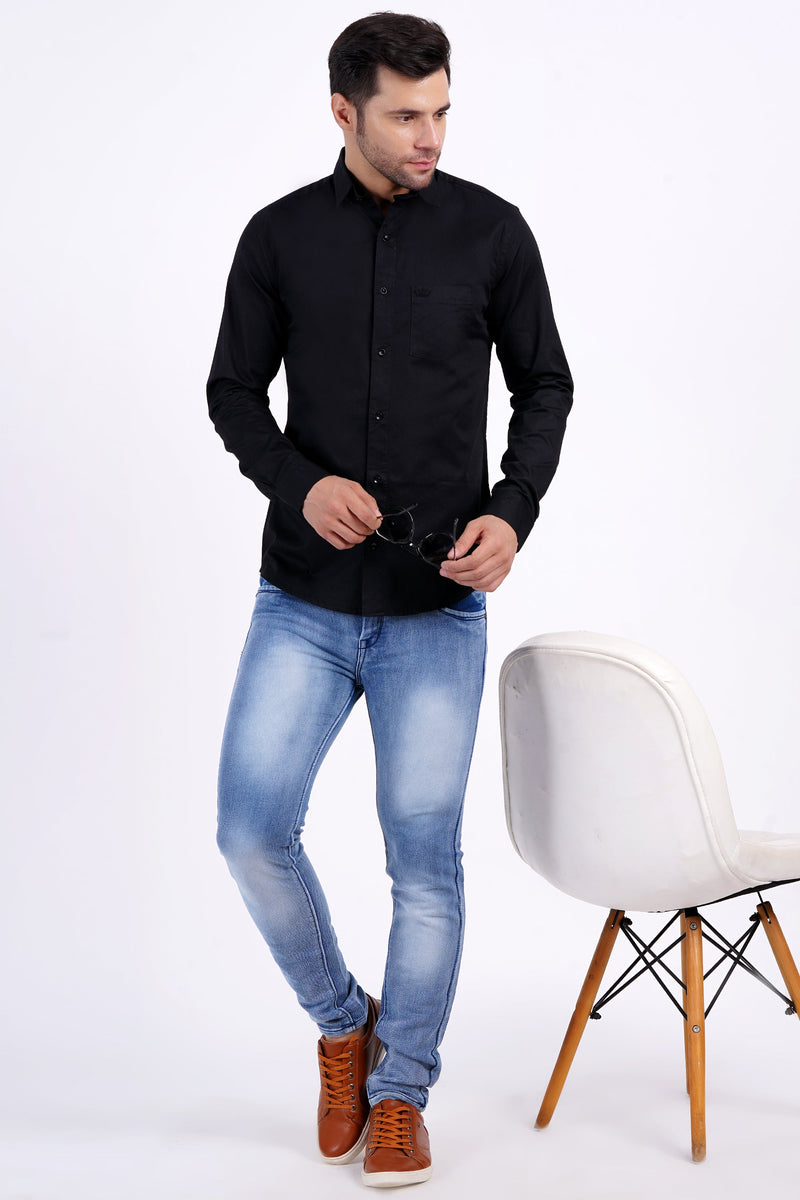 Black Color Men's Cotton Shirt Full Sleeve Plain Shirts For Men