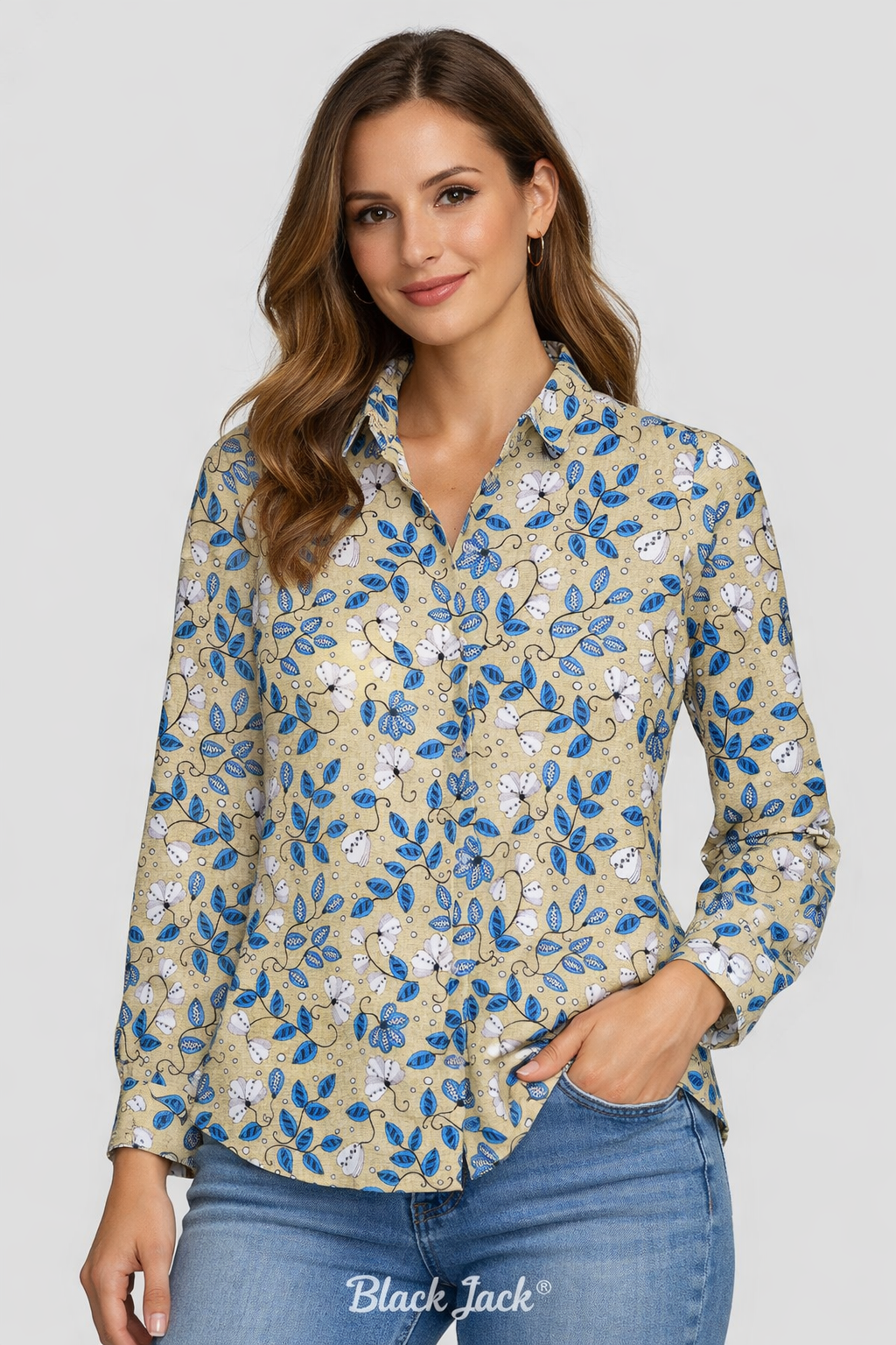 Cute Floral Pattern with Stylized Texture Linen Printed Women Shirt Top by Brand Black Jack