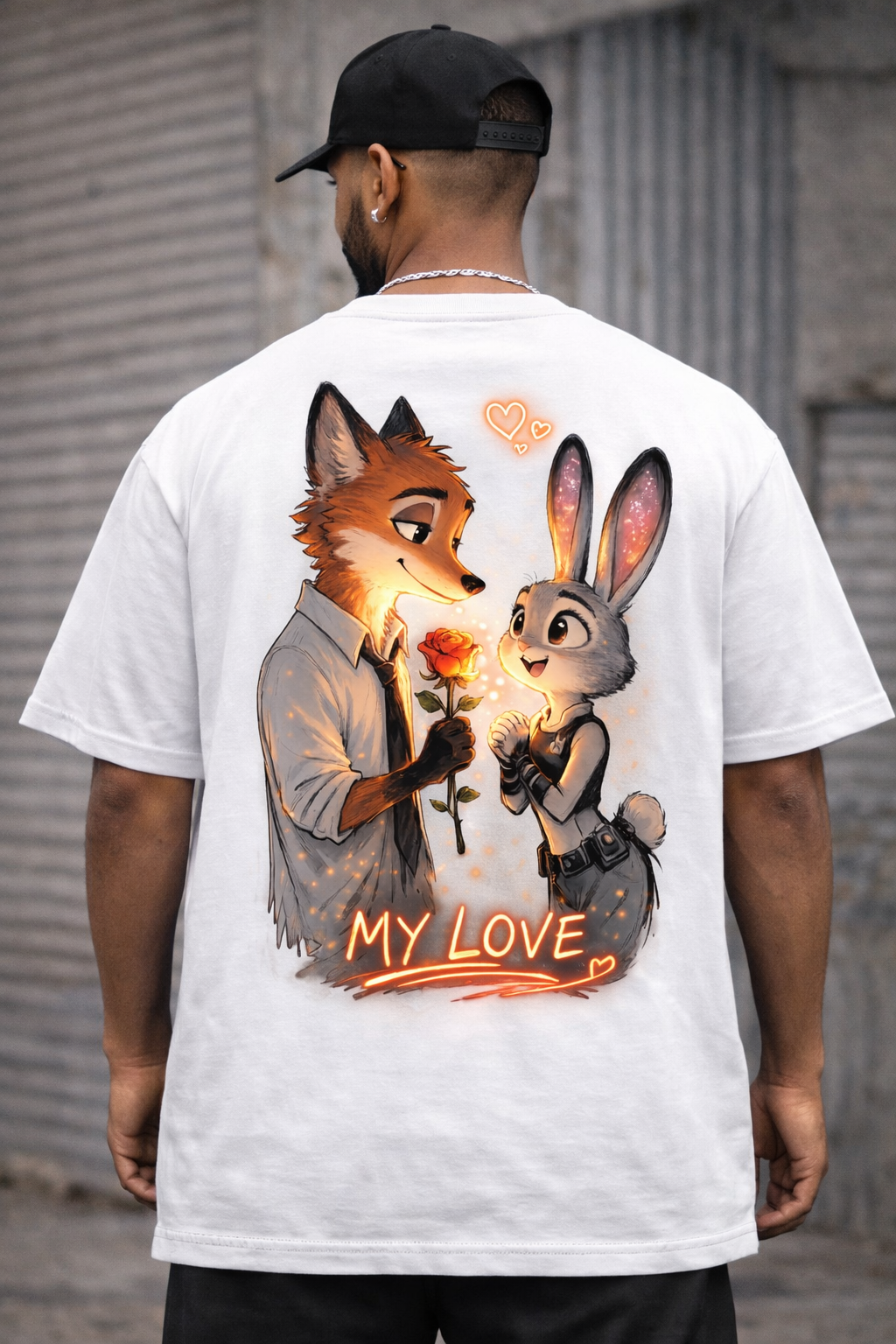 Fox & Bunny “My Love” Oversized T-Shirt – Cute Couple Streetwear Graphic Tee