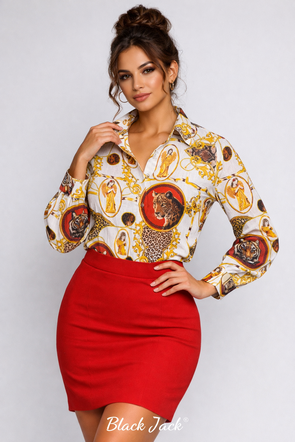 Gold Baroque Print, Leopard head, Lion head, Angels, Gold Chain Women Linen Shirt by Black Jack