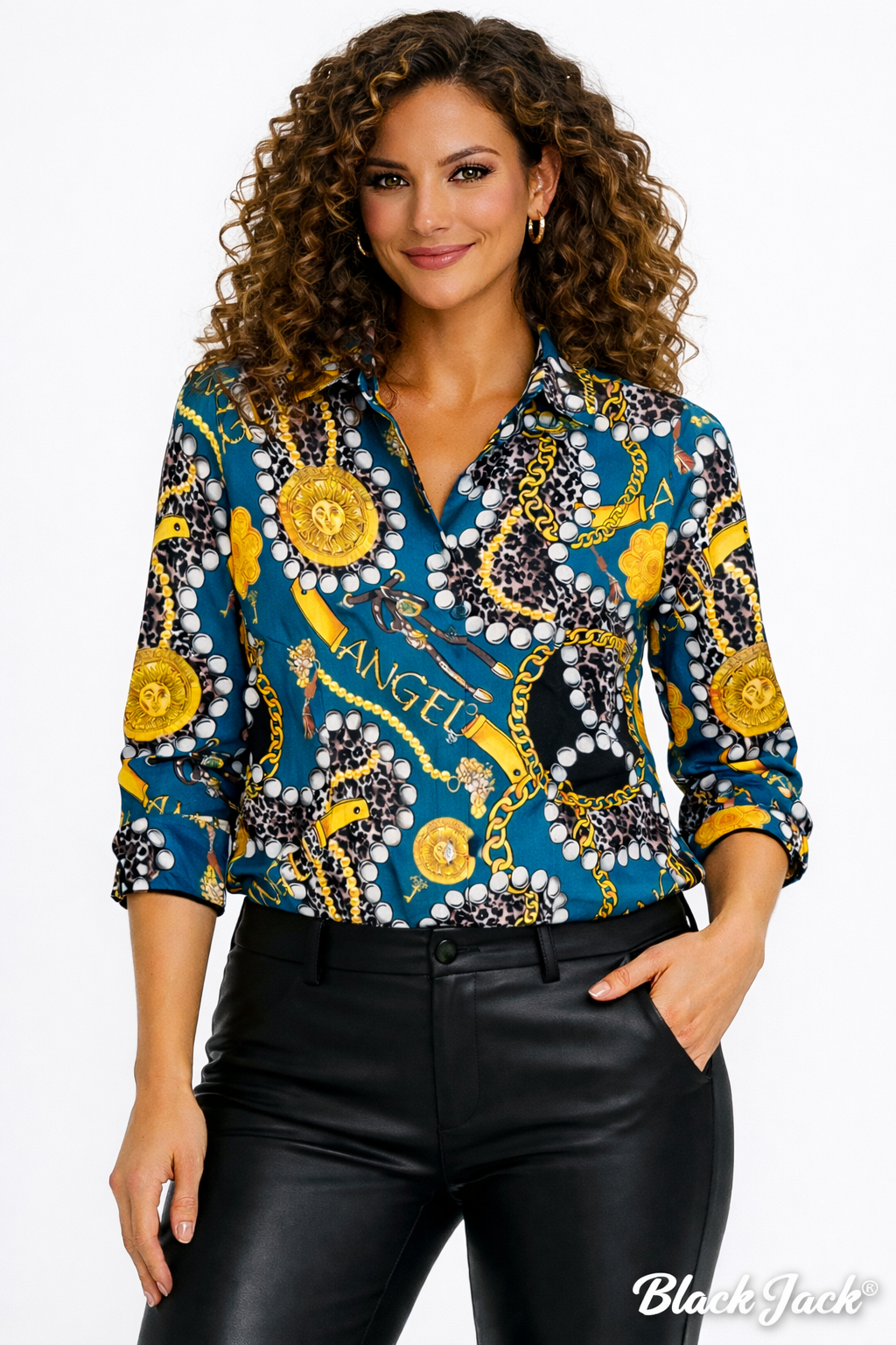 Gold Chain, Belt and Leopard Skin Pattern Women Linen Shirt Tops by Brand Black Jack