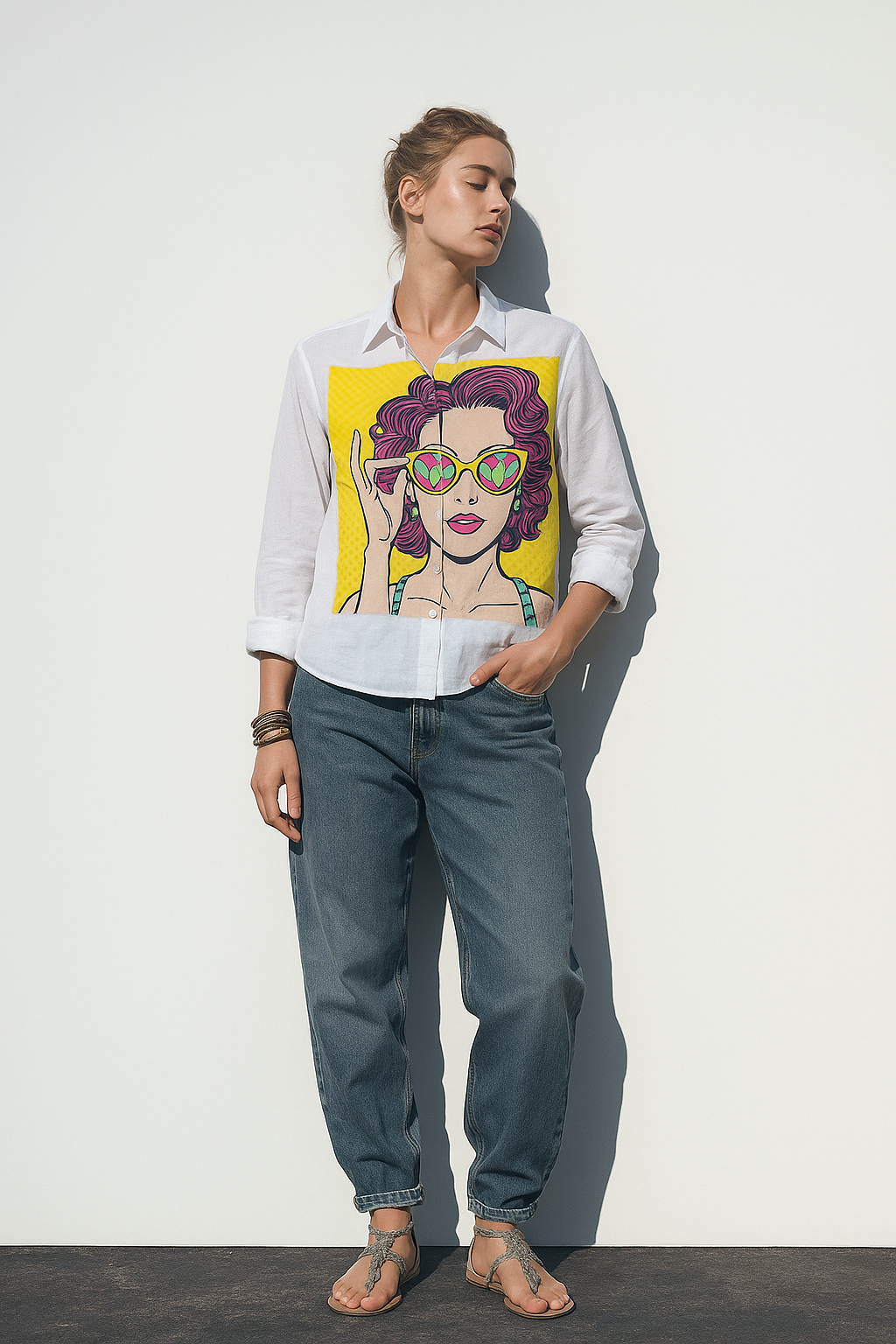 Pure Linen Sexy Surprised Women Print Shirt With Pink Curly Hair and Holding Sunglasses by Brand Black Jack