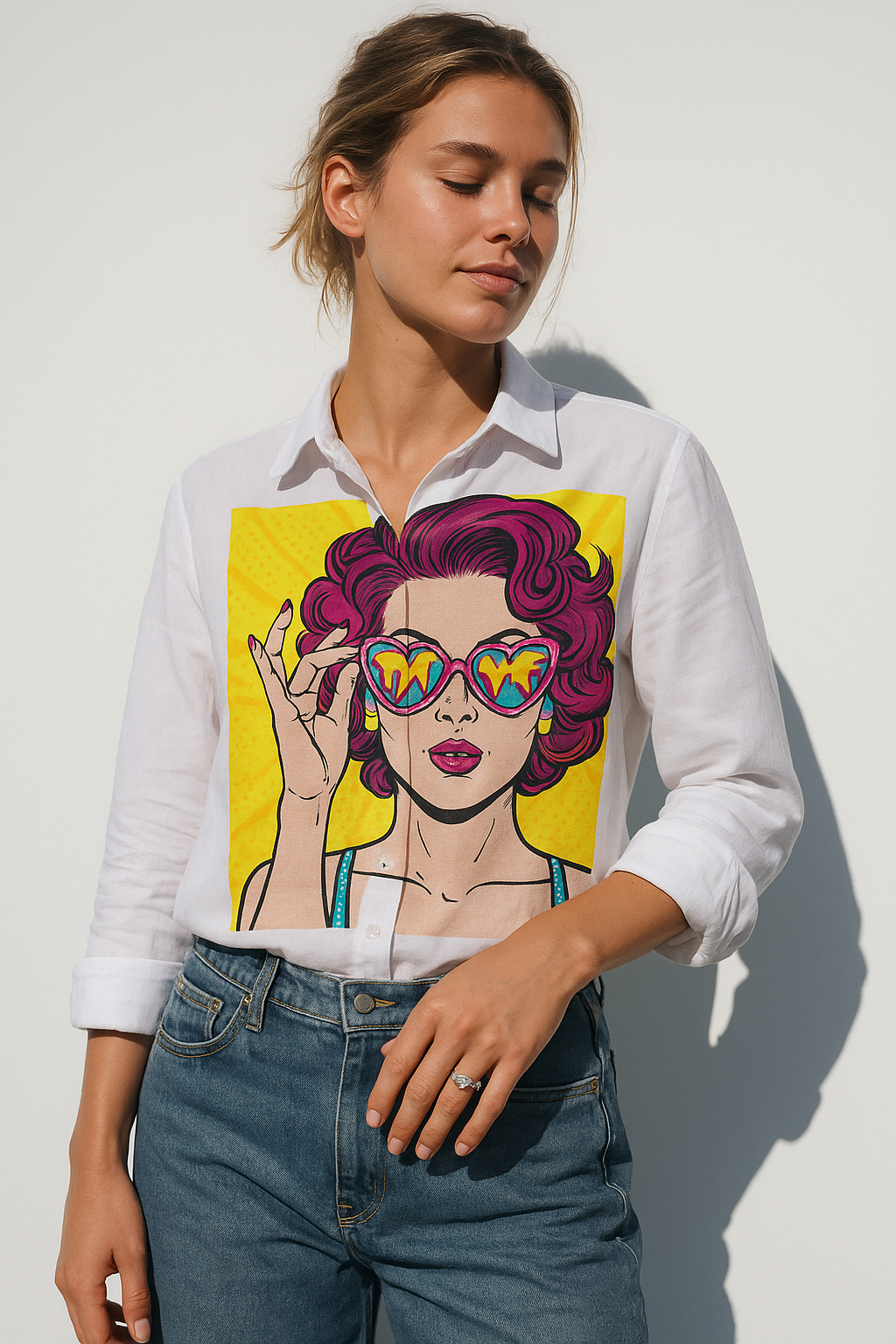 Pure Linen Sexy Surprised Women Print Shirt With Pink Curly Hair and Holding Sunglasses by Brand Black Jack