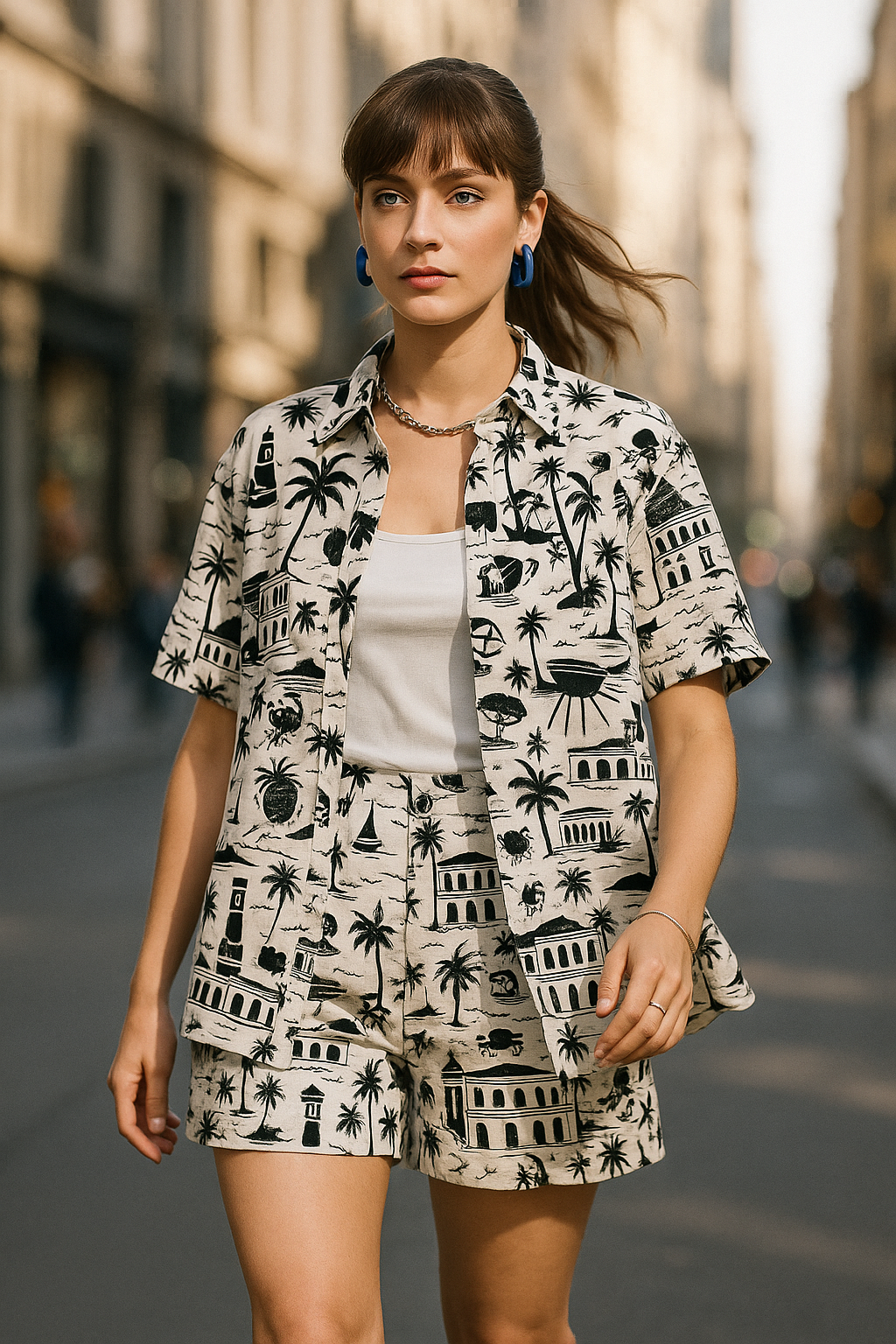 Women’s Summer Co-Ord Set – Tropical Fruit Print Shirt & Shorts | Linen Cotton Two Piece Set by Black Jack