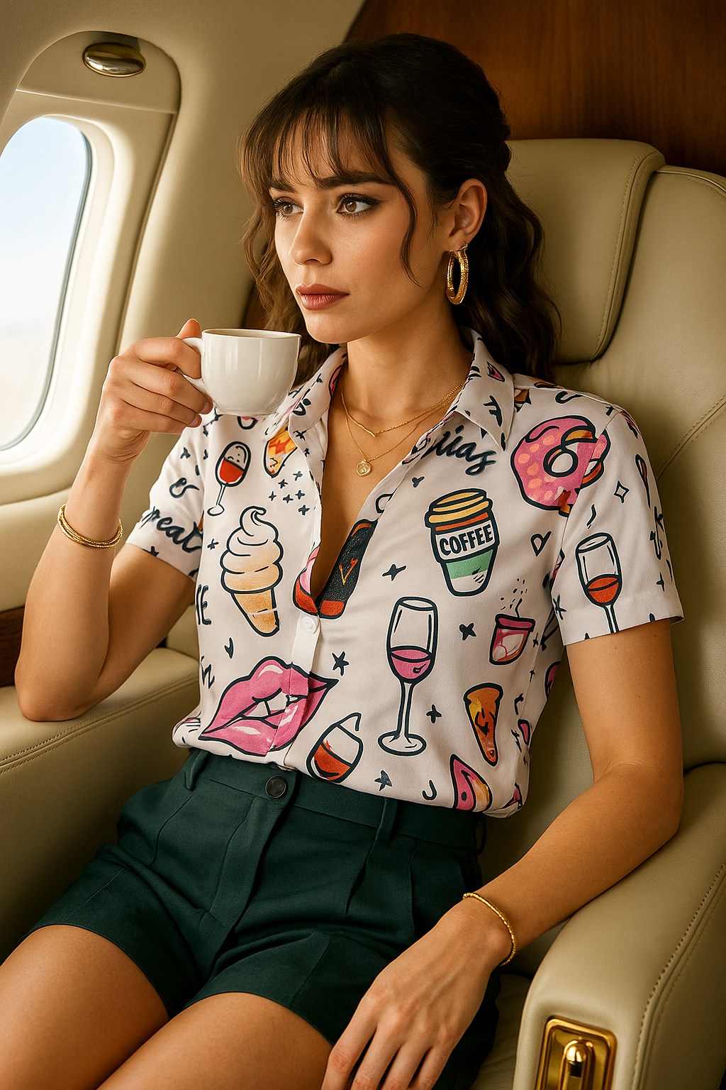 Wine Pattern with Pink Girl Kiss Lips Print Pure Cotton Women Shirt by Black Jack