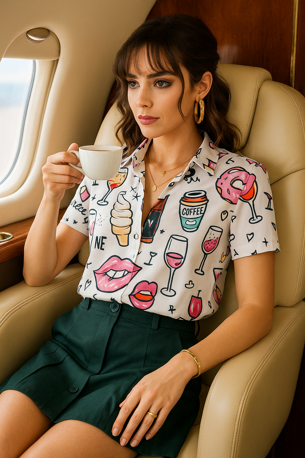 Wine Pattern with Pink Girl Kiss Lips Print Pure Cotton Women Shirt by Black Jack