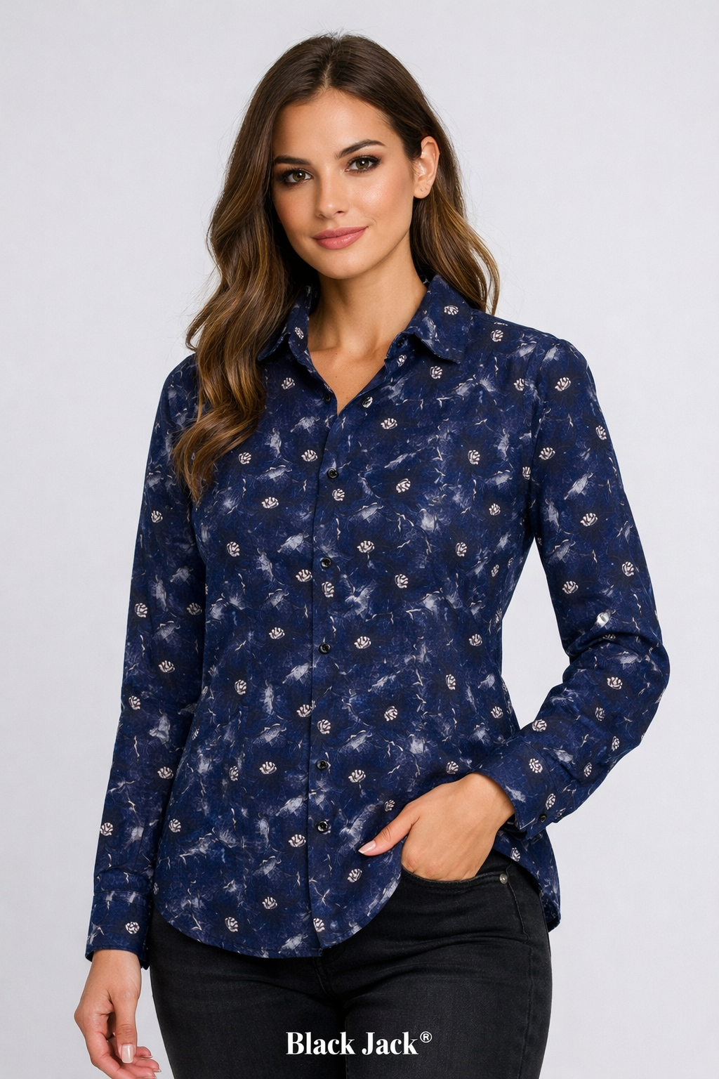 Linen Purple Attrective Lotus Floral Print Full Sleeve Women Shirt Top by Brand Black Jack