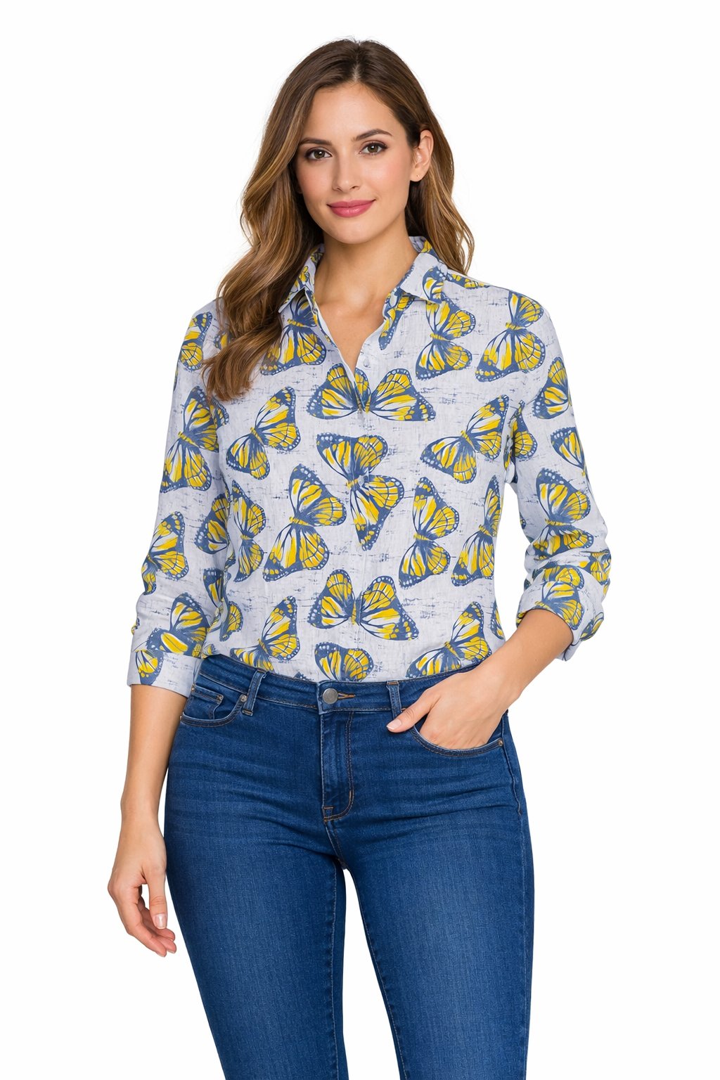 Linen Vintage Butterfly Off White Color Printed Shirt By Brand Black jack