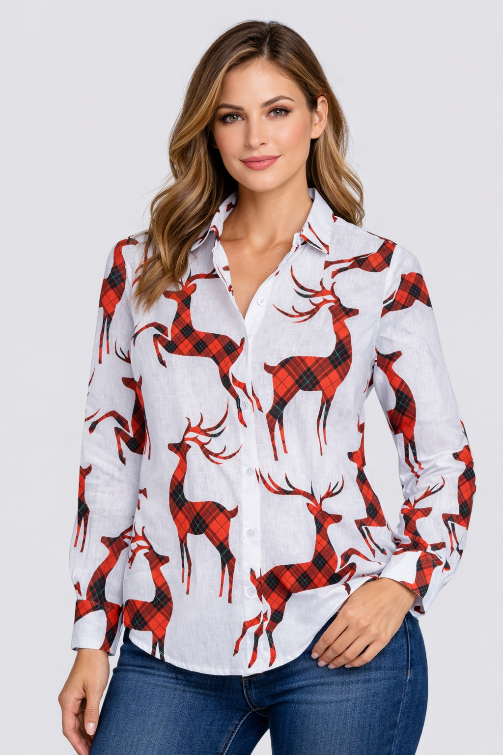 Pure Linen Christmas Pattern with Deer Printed Women Shirt Top by Brand Black Jack