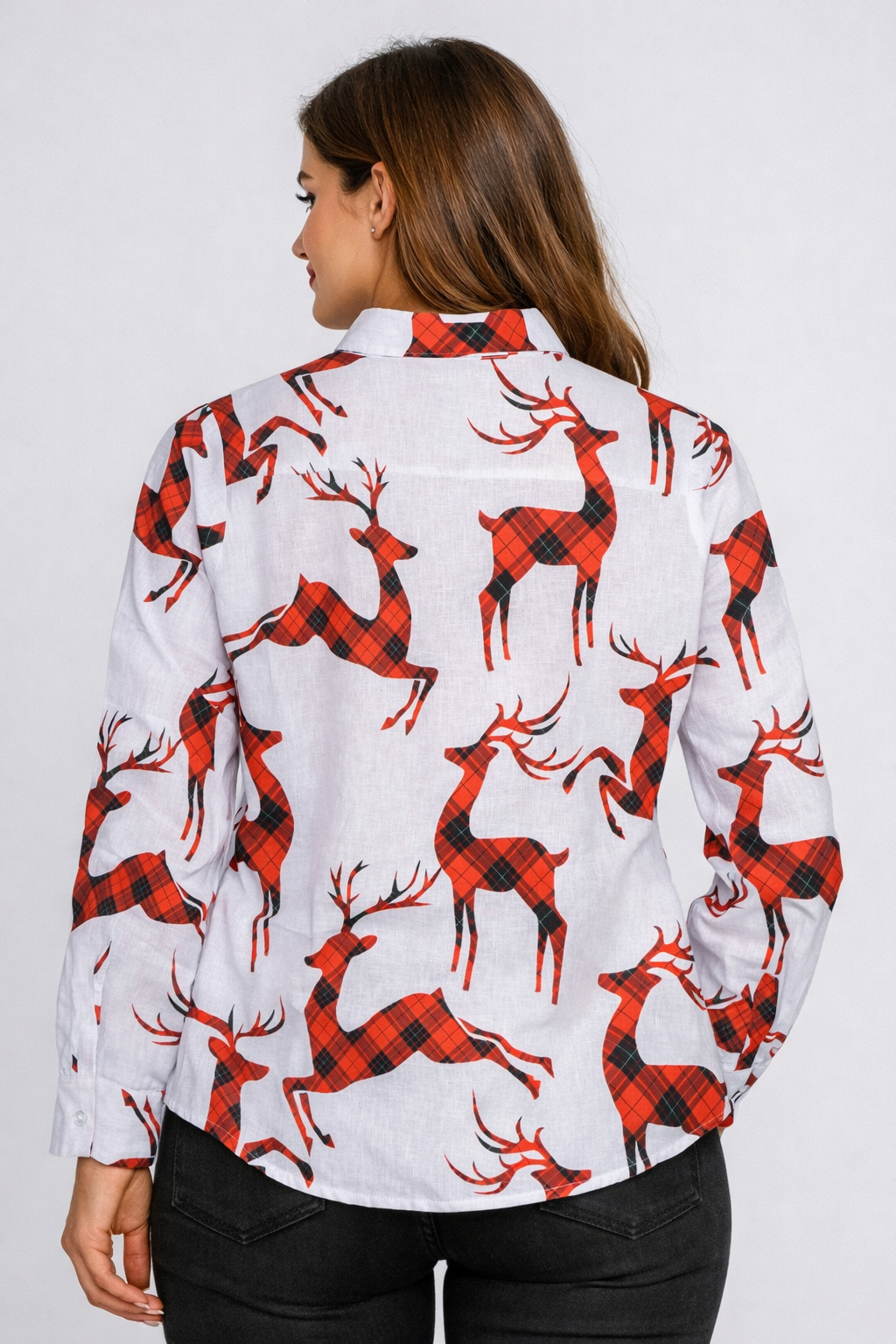 Pure Linen Christmas Pattern with Deer Printed Women Shirt Top by Brand Black Jack