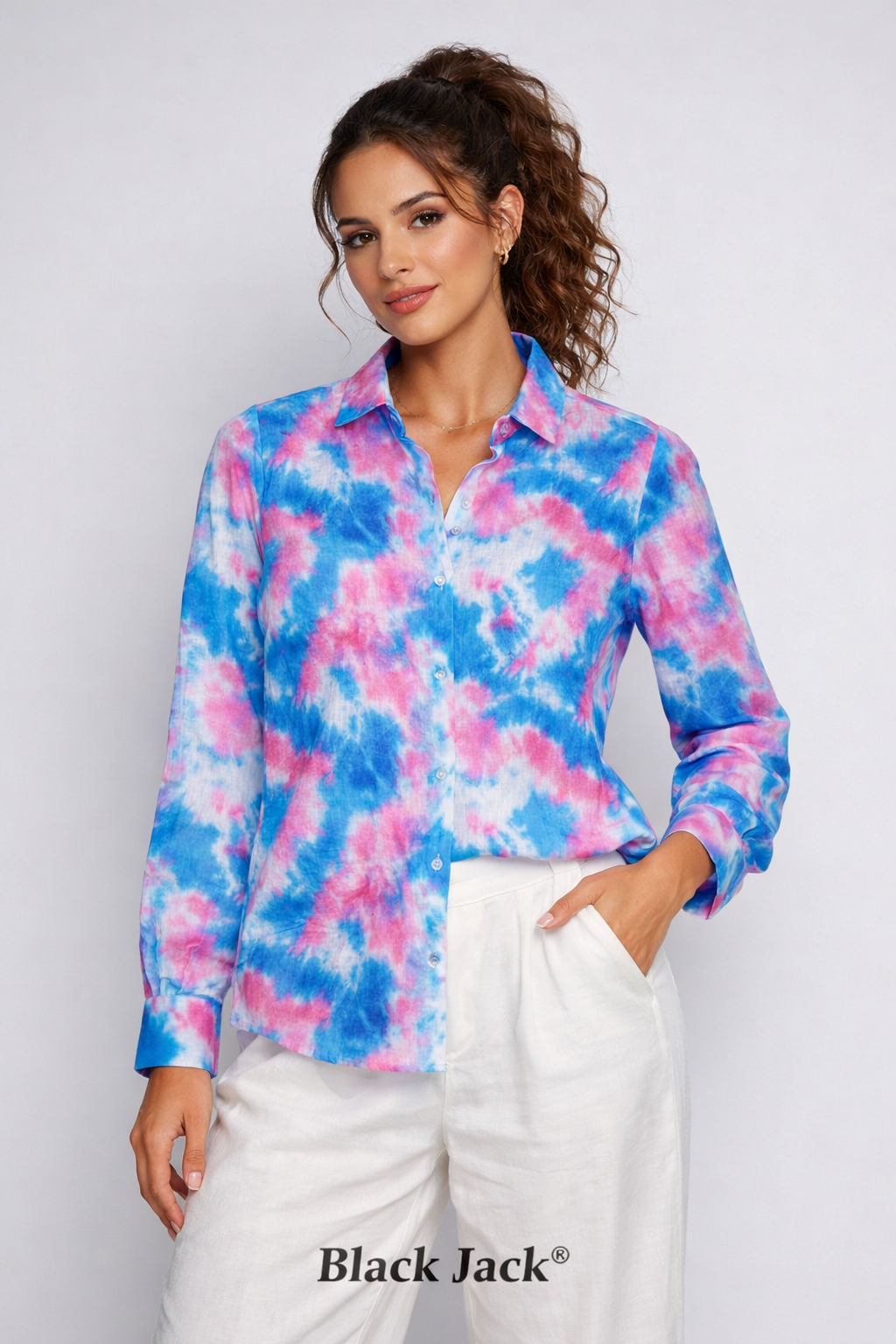 Pure Linen Colorfull Tie Die Smoke Print Women Full Sleeve Shirt By Brand Black Jack