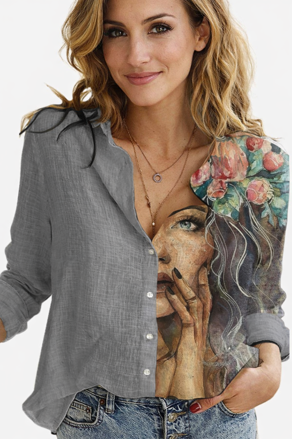 Pure Linen Gray Color Figure Print Button Design Long Sleeve Casual Women Shirt Tops by Brand Black Jack