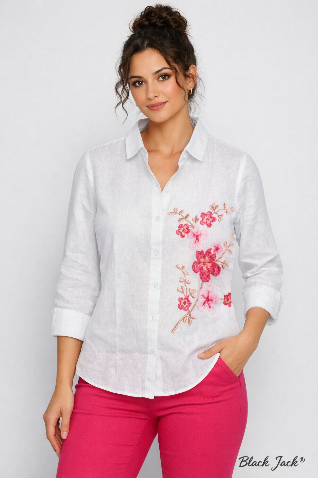 Pure Linen Plain White with Similar Embroidery Flower Print on Women Shirt Tops by Brand Black Jack