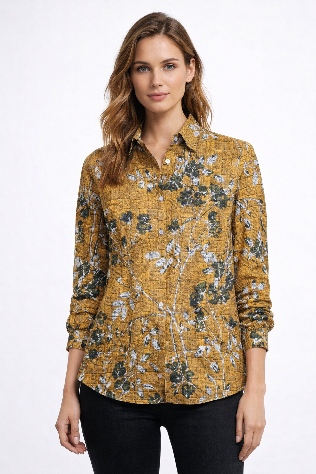 Pure Linen Sack Wire Mesh Texture Floral Silhouettes Printd Women Shirt by Brand Black Jack