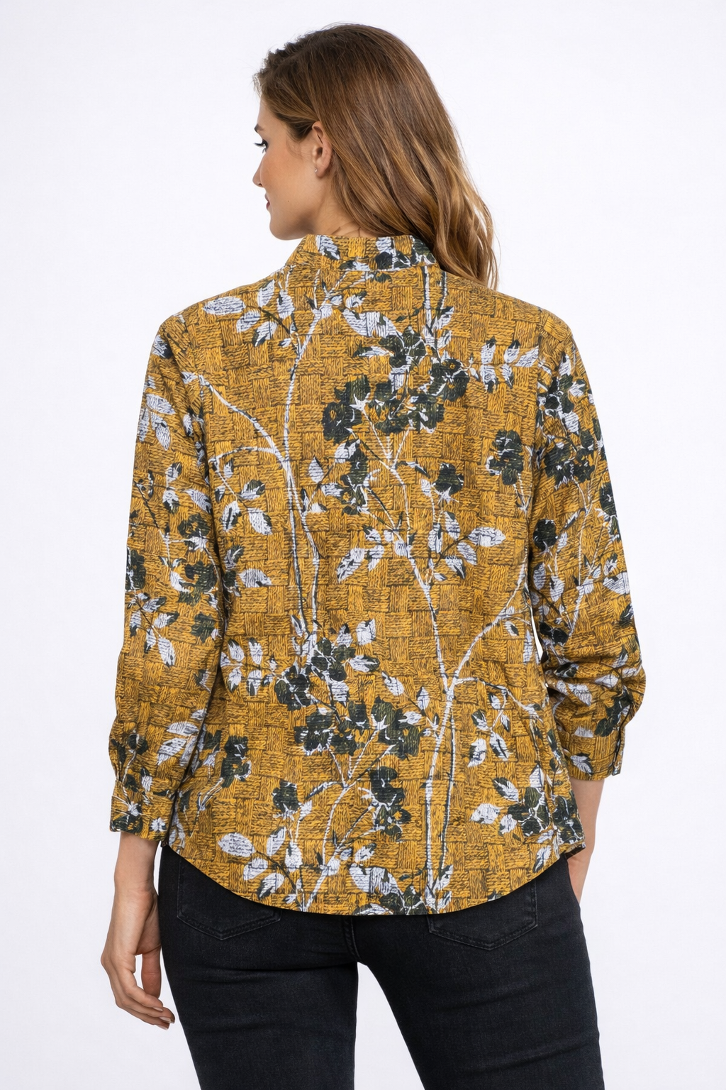 Pure Linen Sack Wire Mesh Texture Floral Silhouettes Printd Women Shirt by Brand Black Jack