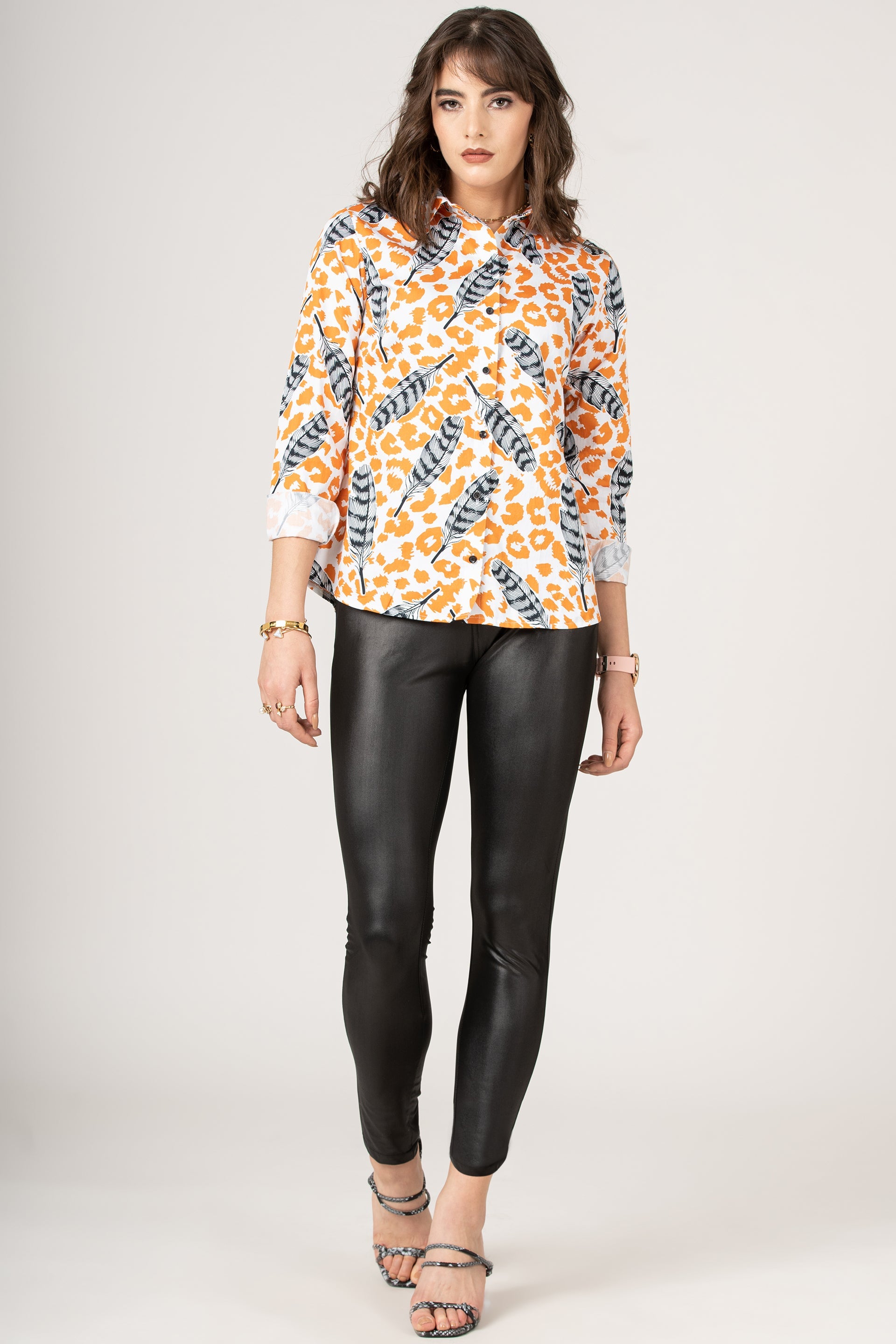 Pure Cotton Pattern of Feathers on Animal Print Women Shirt by Brand Black Jack