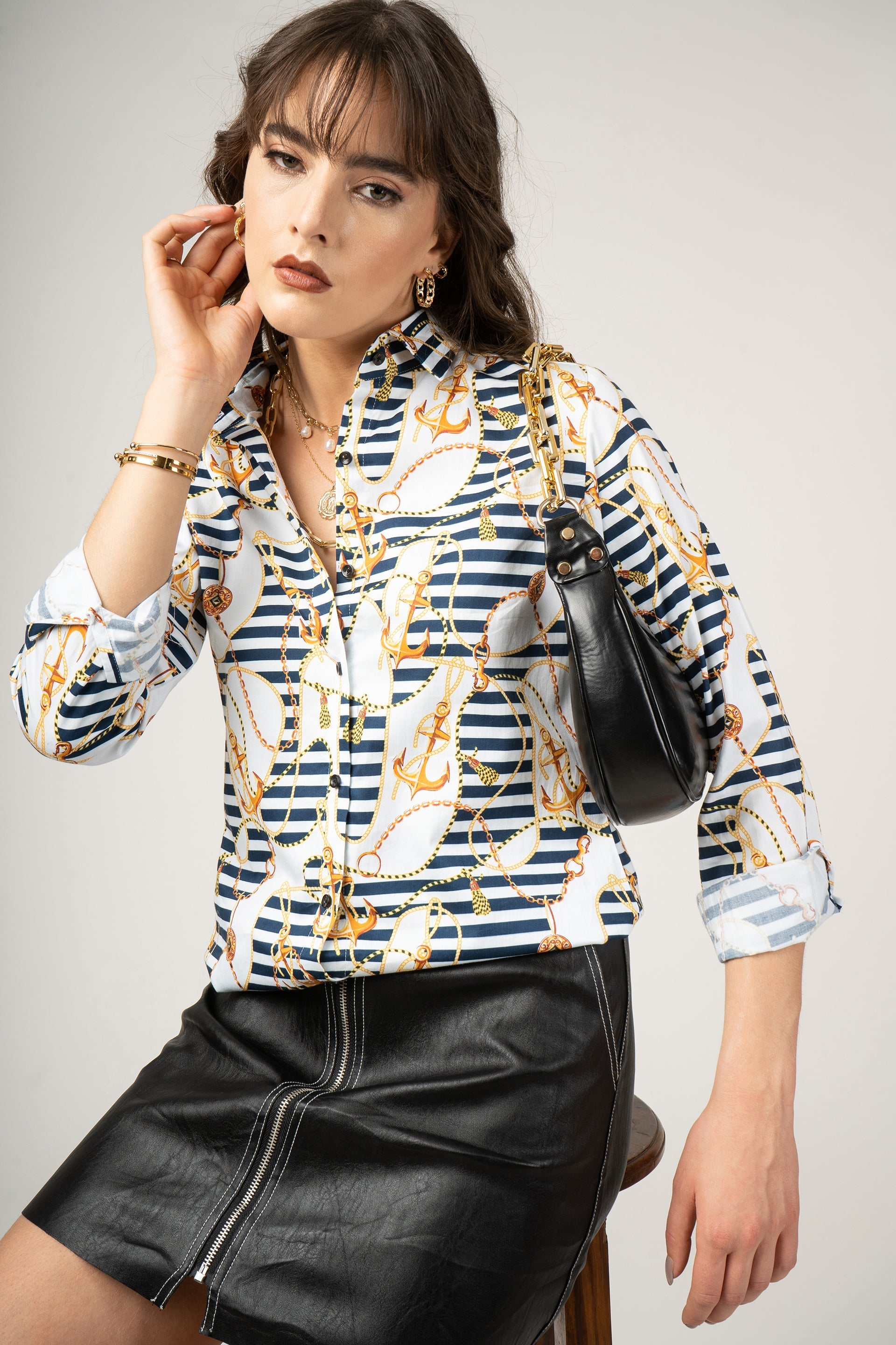 Golden Anchor, Coins and Chains Print Pure Cotton Women Shirt by Black Jack