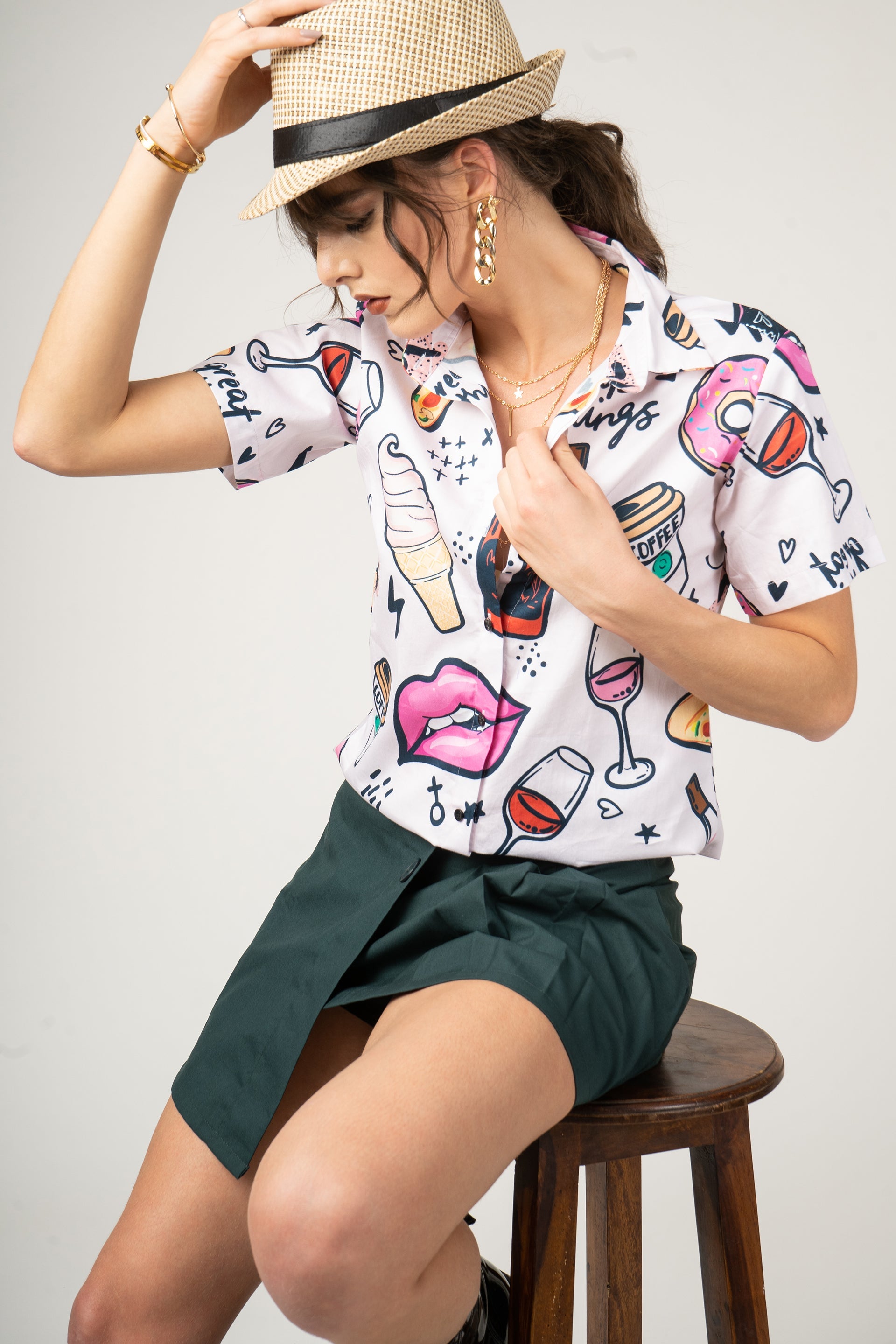 Wine Pattern with Pink Girl Kiss Lips Print Pure Cotton Women Shirt by Black Jack