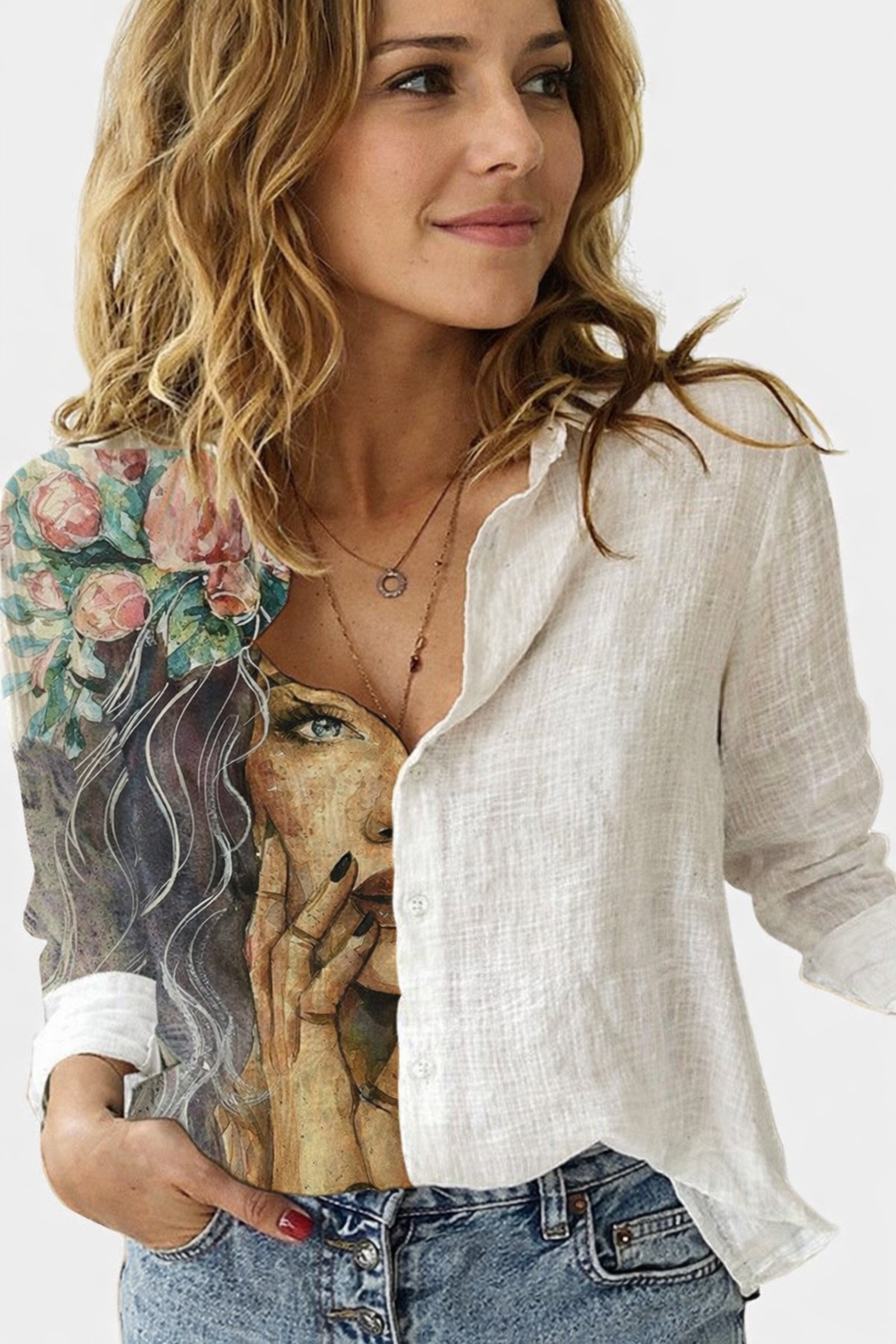 Women’s Artistic Print Linen Shirt – White Figure Casual Button Down with Graphic Design by Brand Black Jack