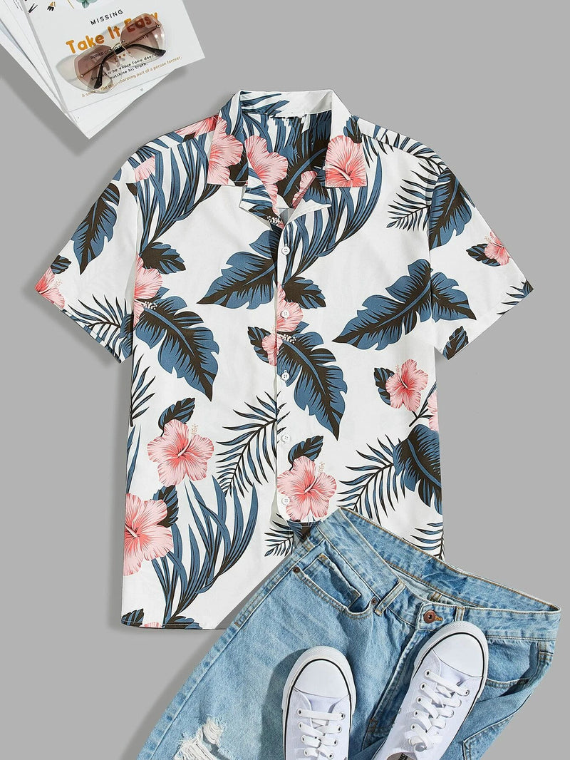 Men Notched Collar Tropical Print Shirt