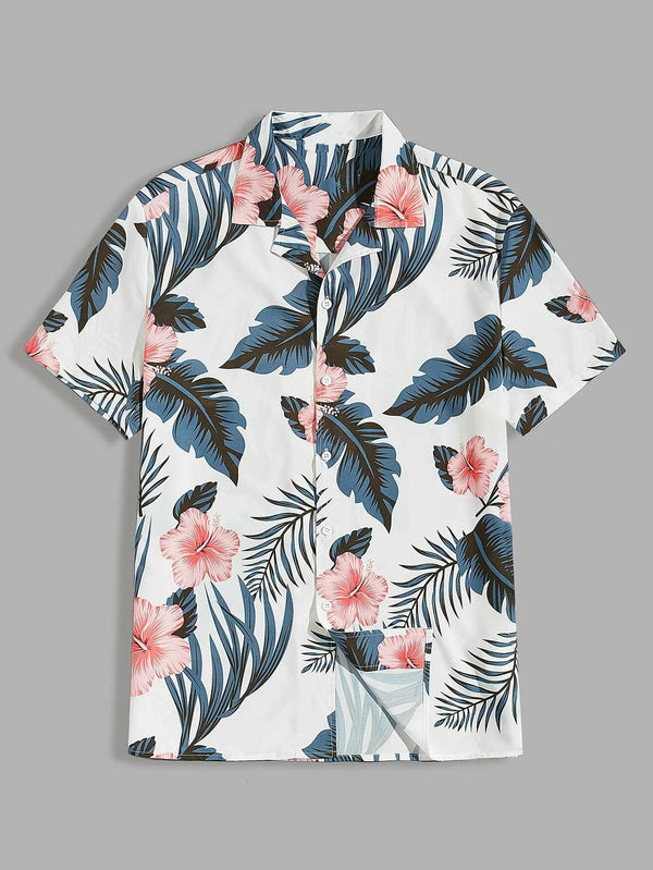 Men Notched Collar Tropical Print Shirt