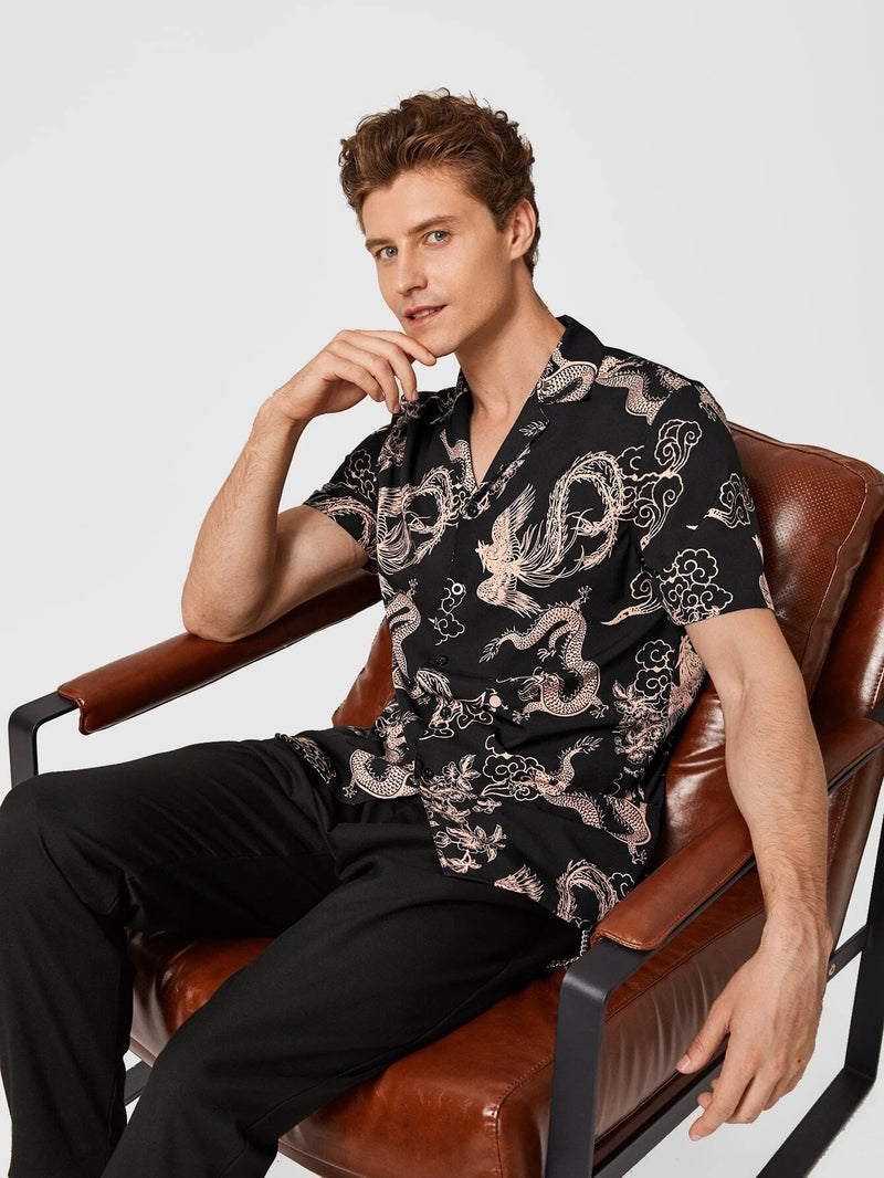 Men Revere Collar Dragon Print Shirt