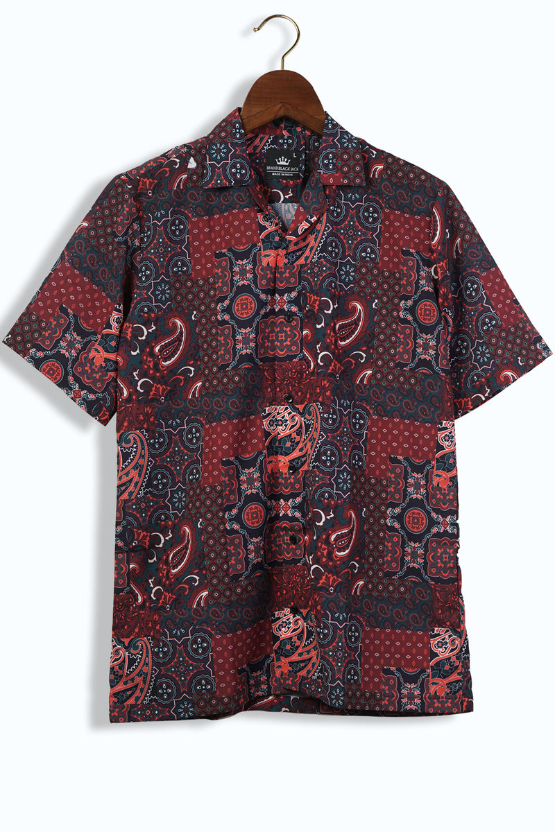 Cashmere Paisley Patchwork Abstract Pattern Cuban Style Mens Printed Shirt by Black Jack