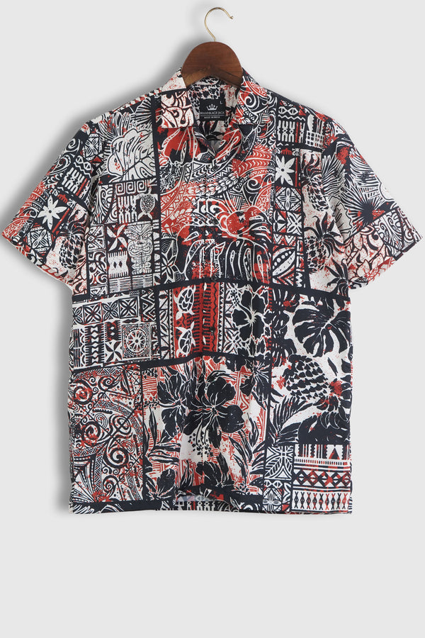 Hawaiian Hibiscus and Tribal Patchwork Abstract Vintage Printed Mens Shirt by Black Jack
