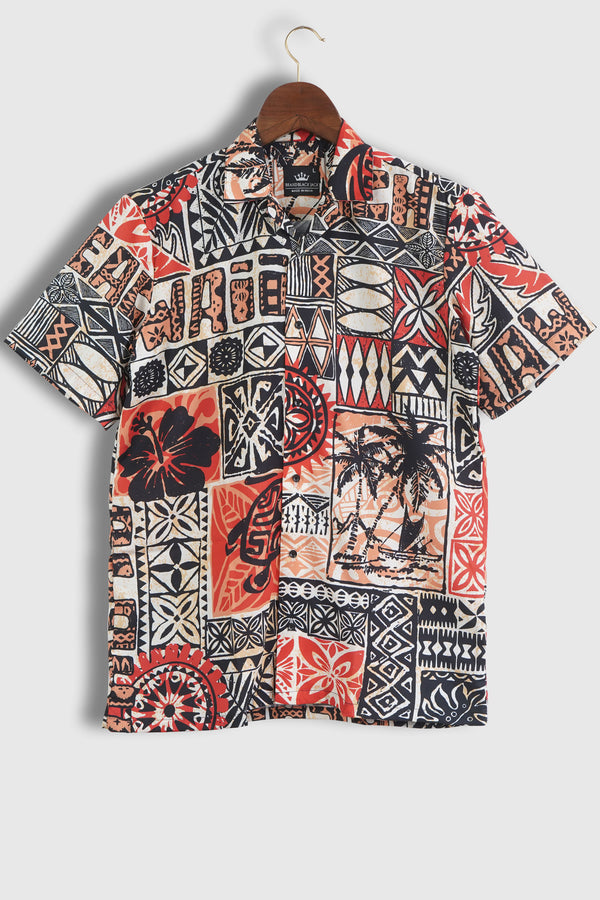 Hawaiian Style Tribal Patchwork Abstract Vintage Printed Mens Shirt by Black Jack for Travel
