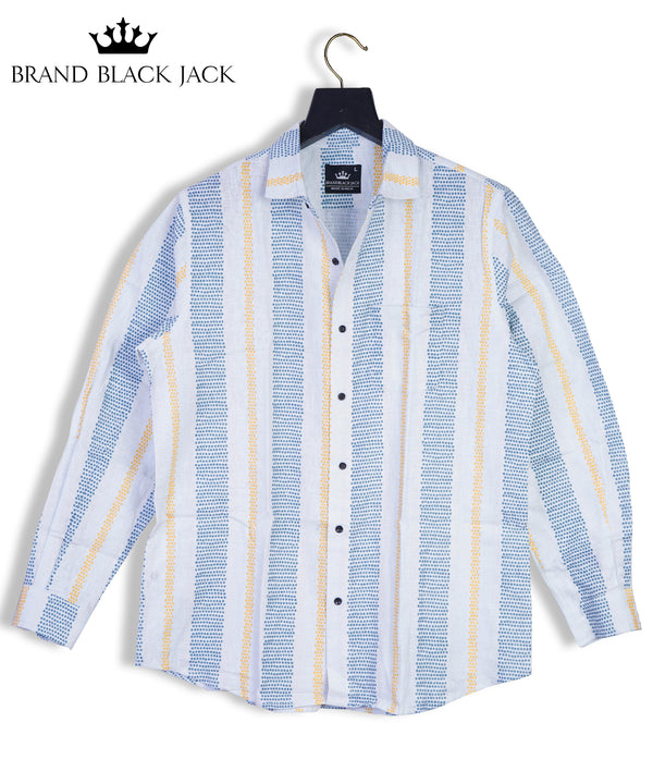 Provence Blue White Linen Woven Shabby Chic Style Weave Stitch Stripes Full Sleeve Mens Shirt by Brand Black Jack
