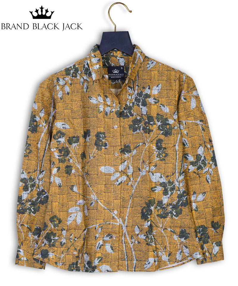 Pure Linen Sack Wire Mesh Texture Floral Silhouettes Printd Women Shirt by Brand Black Jack