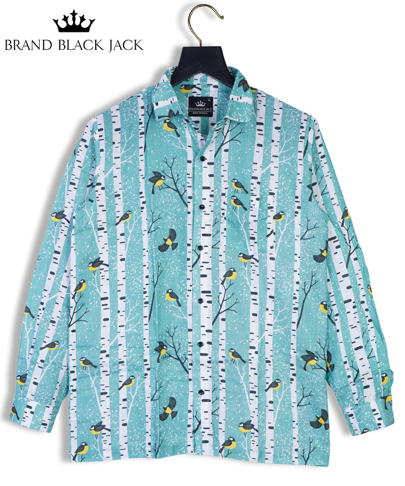 Pure Linen Snowy Birch Trees and Birds Print Full Sleeve Mens Shirt by Brand Black Jack