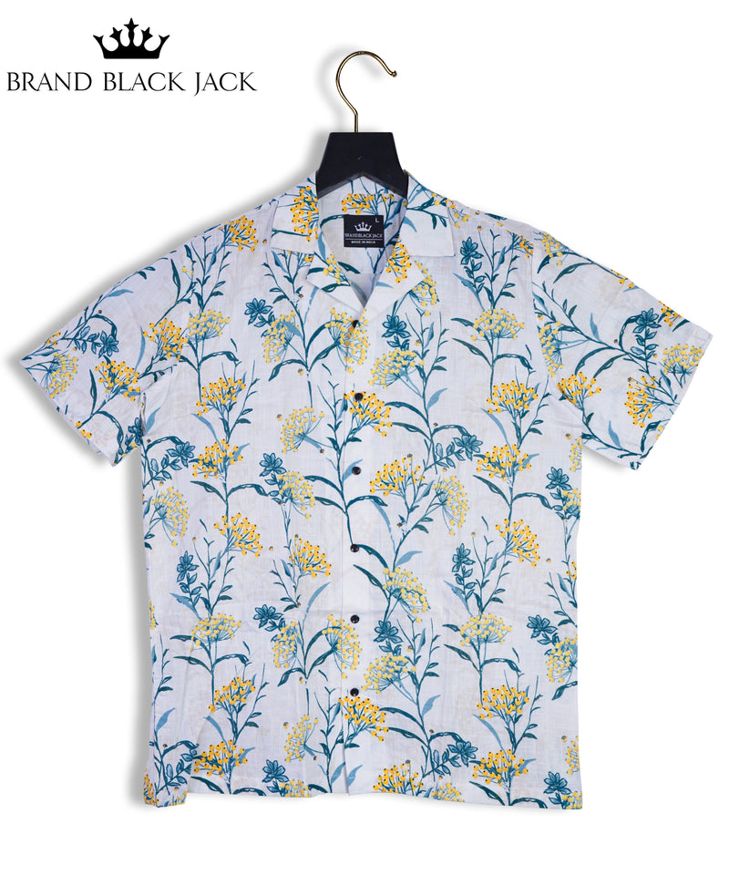 Pure Linen Autumn Pattern with Yellow Berries and Leaves Cuban Style Mens Shirt by Brand Black Jack