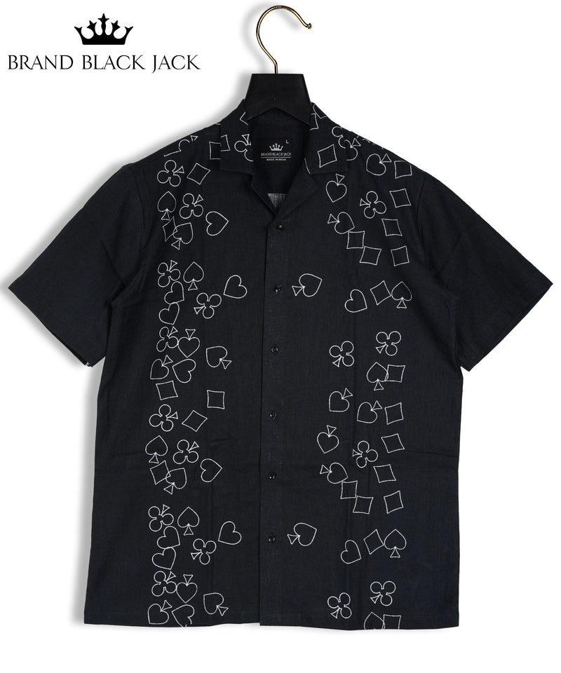 Pure Linen Black Pocker Pattern Printed Shirt For Men By Brand Black Jack