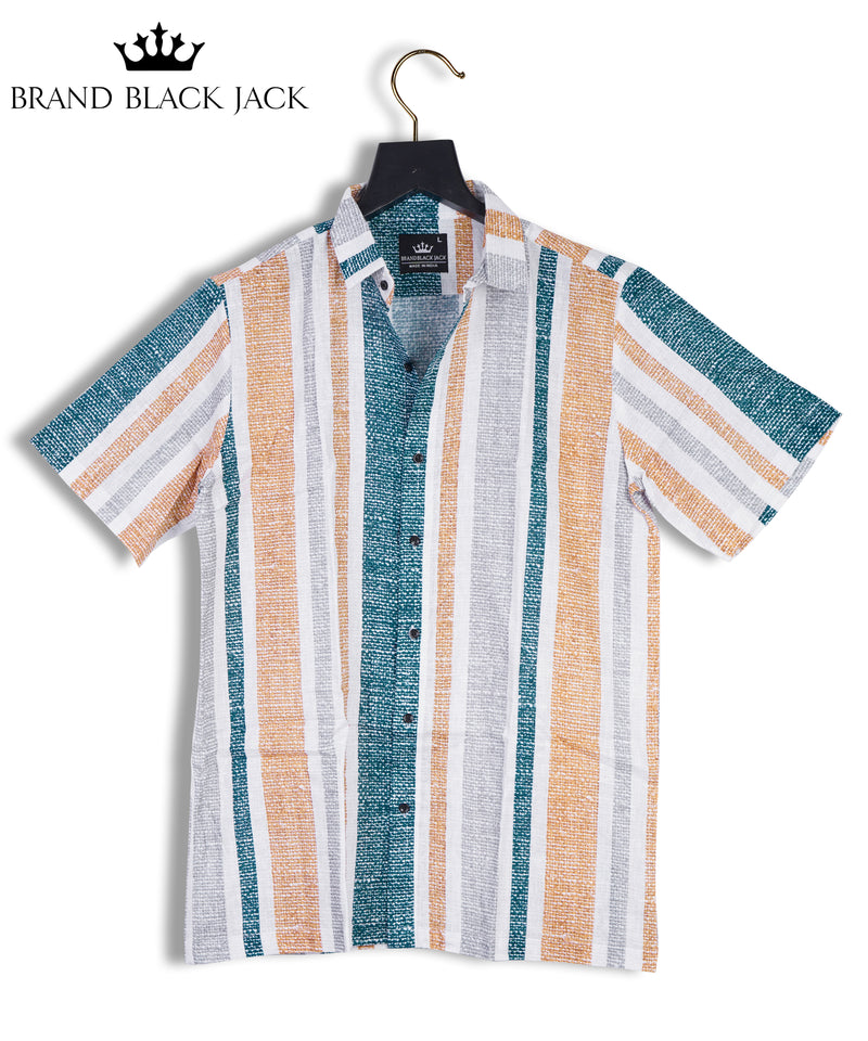 Pure Linen Beige Color Striped Shirt For Men By Brand Black Jack