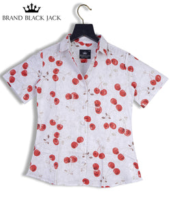 Linen Vintage Cherry plant Half Sleeve Printed Shirt By Brand Black Jack