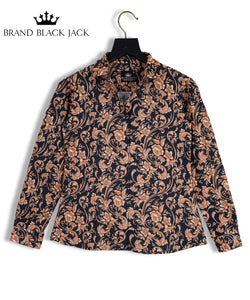 Linen Golden Floral Leaf Attrective Full Sleeve Printed Shirt By Brand Black Jack