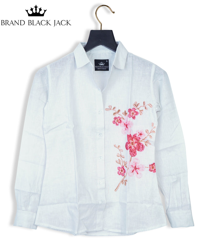 Pure Linen Plain White with Similar Embroidery Flower Print on Women Shirt Tops by Brand Black Jack