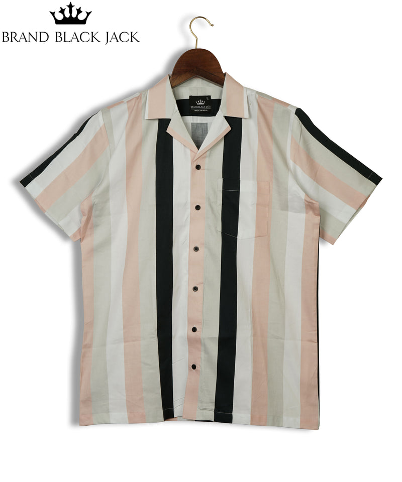 Revere Collar Striped Pure Cotton Shirt In Peach by Brand Black Jack